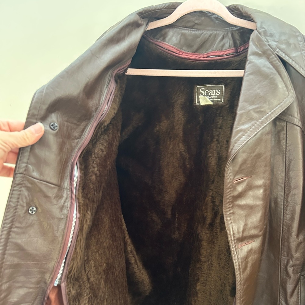Sears Vintage Brown Leather Faux Shearling Removable Lining Notched Lapel Coat - Picture 7 of 9